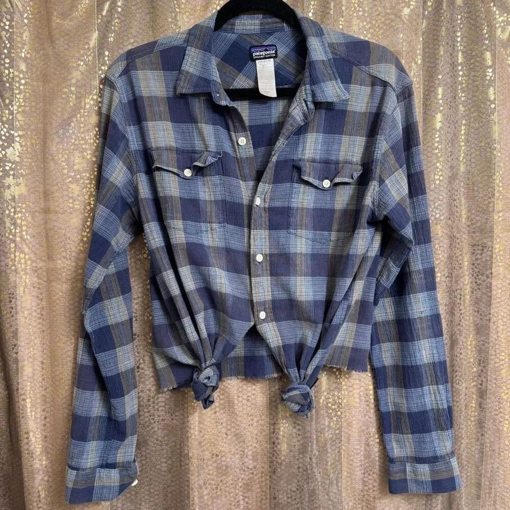 Patagonia Blue Upcycled Women's Tie Front Button Down Flannel Top Med